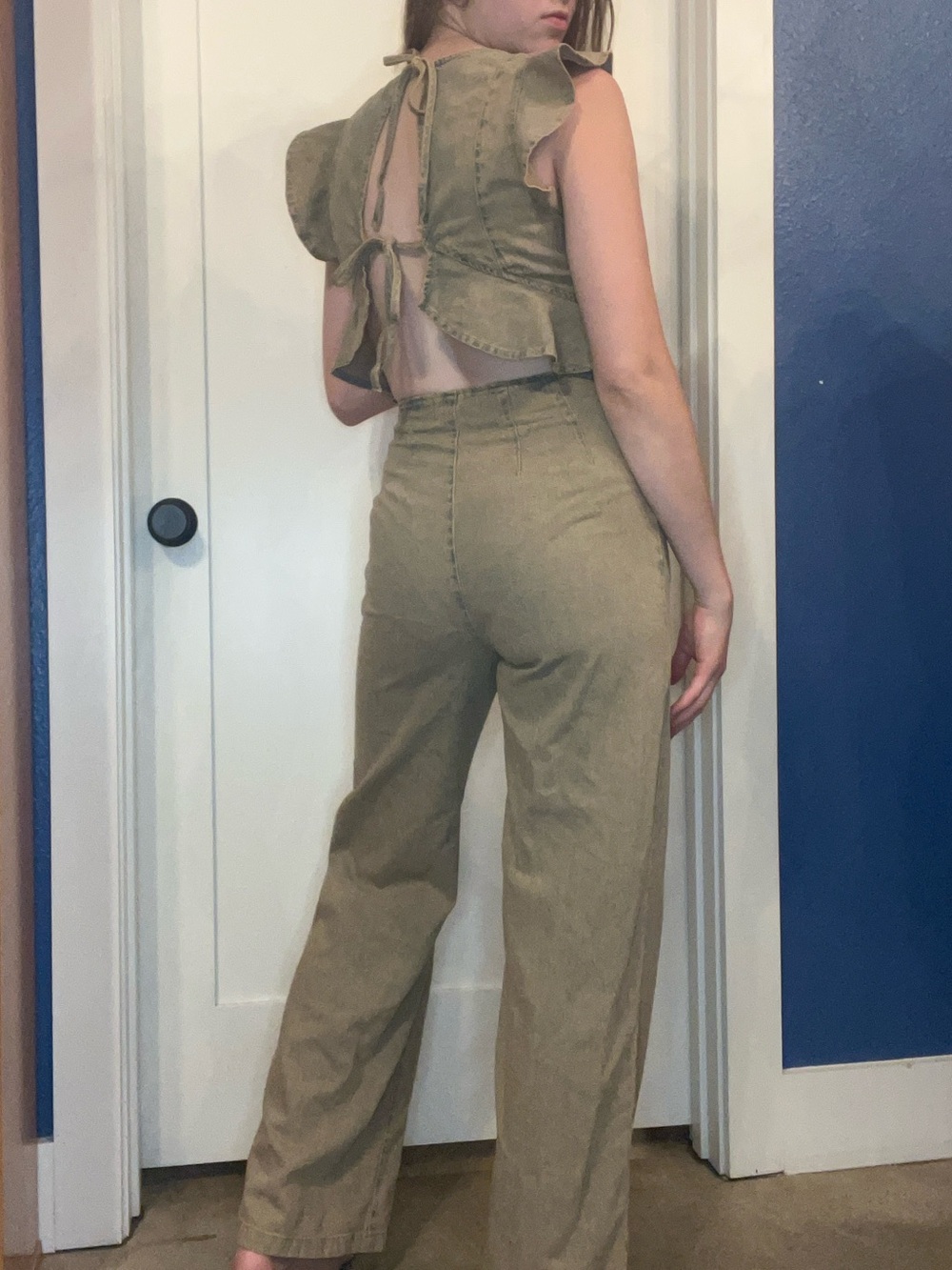We The Free Olive Rusted Blue Denim Ruffled Strap Jumpsuit